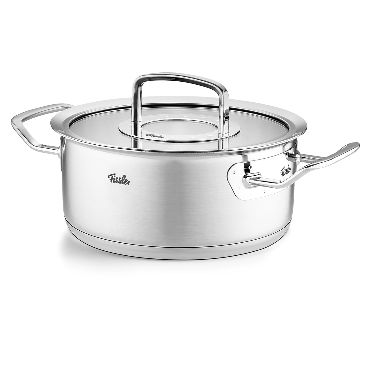 Fissler Original-Profi Collection® Casserole Pot made of 18/10 Stainless Steel with Glass Lid, two handles, suitable for induction, on white background.