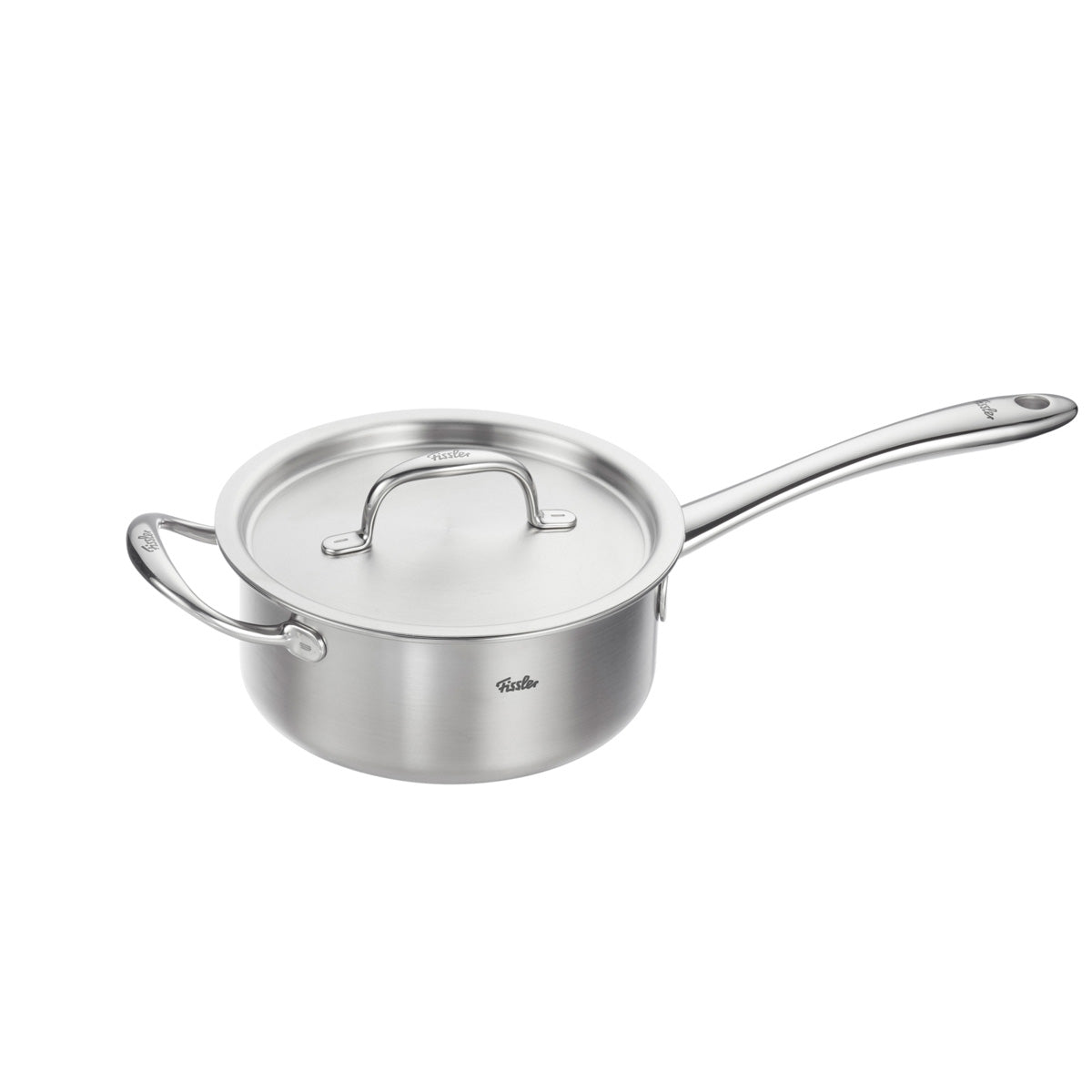 3-piece Fissler M5 Pro-Ply® cookware set with a premium stainless-steel pot and matching metal lid, made from recycled stainless steel for durability and sustainability. The pot has an ergonomic long handle and a sturdy loop handle for easy lifting. Suitable for induction hobs.