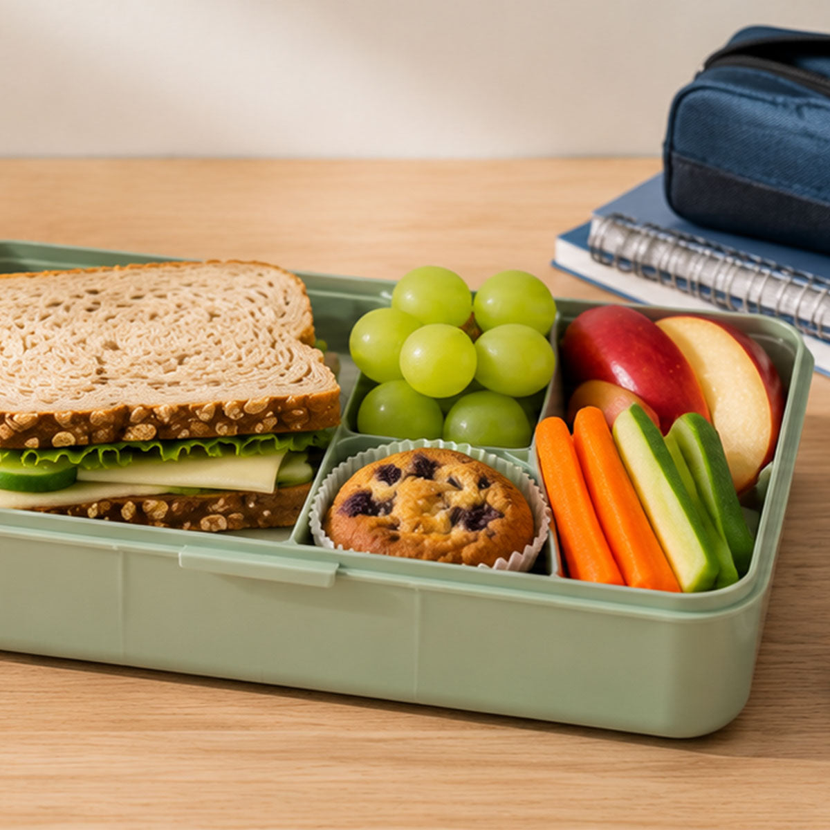Auf einem Holztisch stehen neben Notizbüchern und einer blauen Tasche eine grüne Brotdose mit einem Sandwich, grünen Trauben, Apfelscheiben, Möhrenstiften, Gurkenstiften und einem Heidelbeermuffin. Die Szene verkörpert die Langlebigkeit und Innovationskraft, für die Fissler bekannt ist – zeitlose Designideale, die sich in der Ordnung und Qualität der Umgebung widerspiegeln.