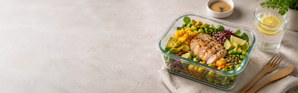 Ein Glasbehälter für die Essensvorbereitung präsentiert ein nahrhaftes Mittagessen aus gegrilltem Hähnchen, gewürfelter Avocado, Mango, Blattgemüse und Getreide – eine ideale Ergänzung zu Fisslers Tradition hochwertiger Kochgeschirre. Daneben stehen eine kleine Schale mit Soße, ein mit Zitrone garniertes Glas Wasser und elegantes Holzbesteck, das auf einer edlen, beigen Steinplatte angerichtet ist. Die Szene spiegelt Fisslers Bekenntnis zu zeitlosem Design und dem perfekten Zubereitungserlebnis bei jeder