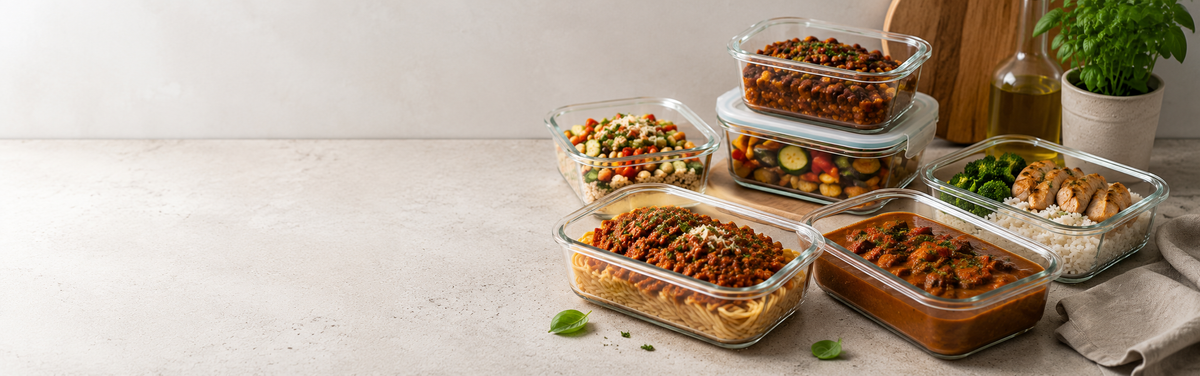 In den Glasbehältern von Fissler werden verschiedene Gerichte zur Essensvorbereitung präsentiert – Spaghetti, Reis mit Hähnchen, gemischtes Gemüse und Eintopf –, die sorgfältig auf einer hellen Küchenarbeitsplatte angerichtet sind. Hochwertiges Kochgeschirr aus deutscher Fertigung, frische Kräuter und Olivenöl runden das elegante, präzise gestaltete Arrangement ab.