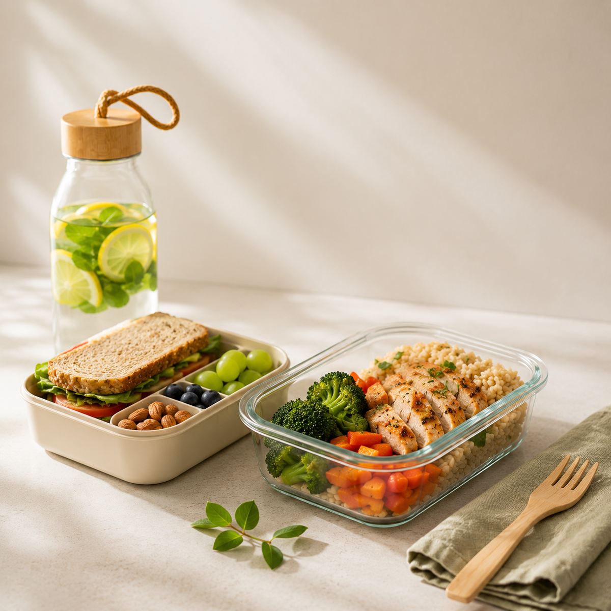 Ein nahrhaftes Mittagsbuffet, präsentiert in den hochwertigen Glasbehältern von Fissler: In einem Behälter befinden sich gegrilltes Hähnchen, Quinoa, Brokkoli und Möhren, in einem anderen ein Sandwich mit Weintrauben, Mandeln und Heidelbeeren. Abgerundet wird das Arrangement durch eine Flasche Zitronenwasser und wird auf einer grünen Serviette mit einem Blatt serviert – ganz im Sinne der Langlebigkeit und des zeitlosen Designs, für die Fisslers in Deutschland entwickeltes Kochgeschirr und Küchenzubehör
