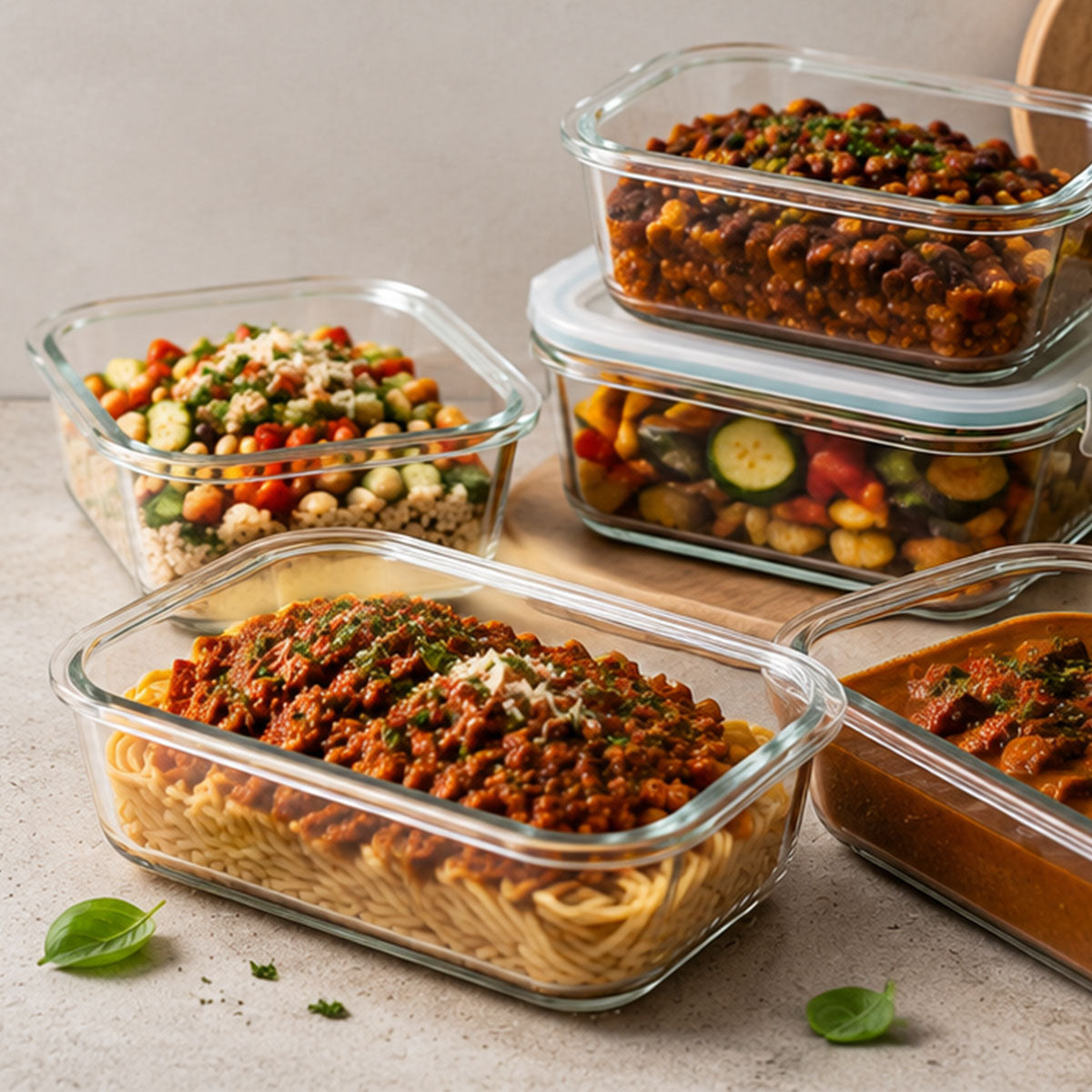 Fissler-Glasbehälter für die Essensvorbereitung präsentieren köstlich zubereitete Spaghetti mit Soße, farbenfrohes Gemüsemix, Kichererbsensalat und einen herzhaften Gemüseeintopf – alles kunstvoll auf einer hellen Arbeitsplatte angerichtet – ein Beweis für präzise Technik und zeitloses Design „Made in Germany“.
