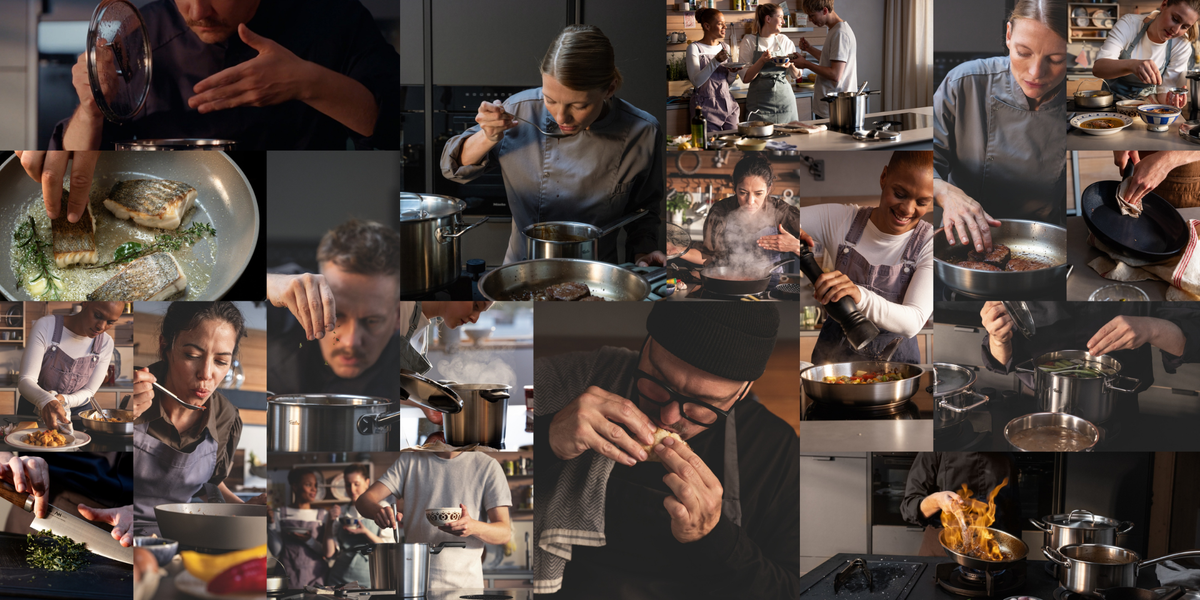 A collage of chefs and home cooks passionately preparing dishes in modern kitchens, using Fissler’s precision-engineered stainless steel pots, pans, and pressure cookers to stir, season, taste, and garnish meals. Flames and gentle steam rise from select pans, showcasing the durability and innovation of our German-made cookware in action.