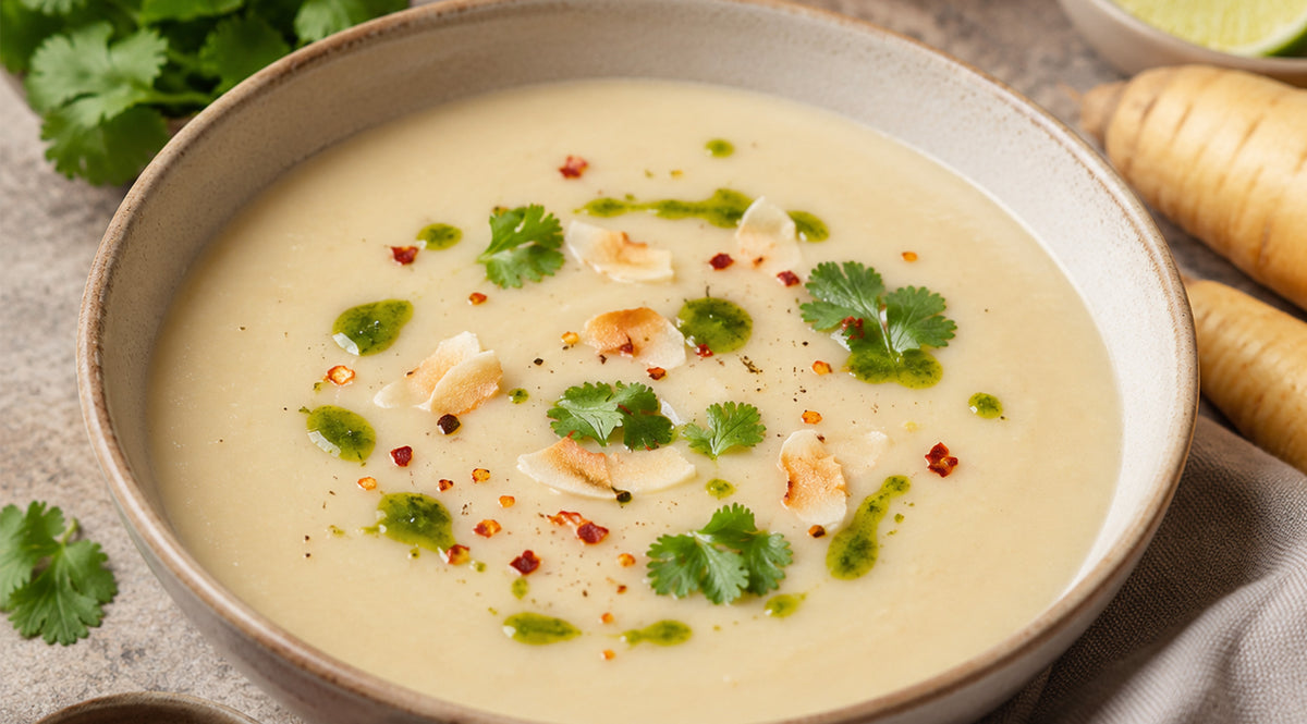 Eine Schüssel cremige Suppe, elegant garniert mit Korianderblättern, gerösteten Kokosflocken, grünem Kräuteröl und roten Chiliflocken, steht auf einem Tisch neben frischen Kräutern – präsentiert in einem zeitlosen Stil, der Fisslers Engagement für Qualität und präzise deutsche Ingenieurskunst bei Kochgeschirr widerspiegelt.