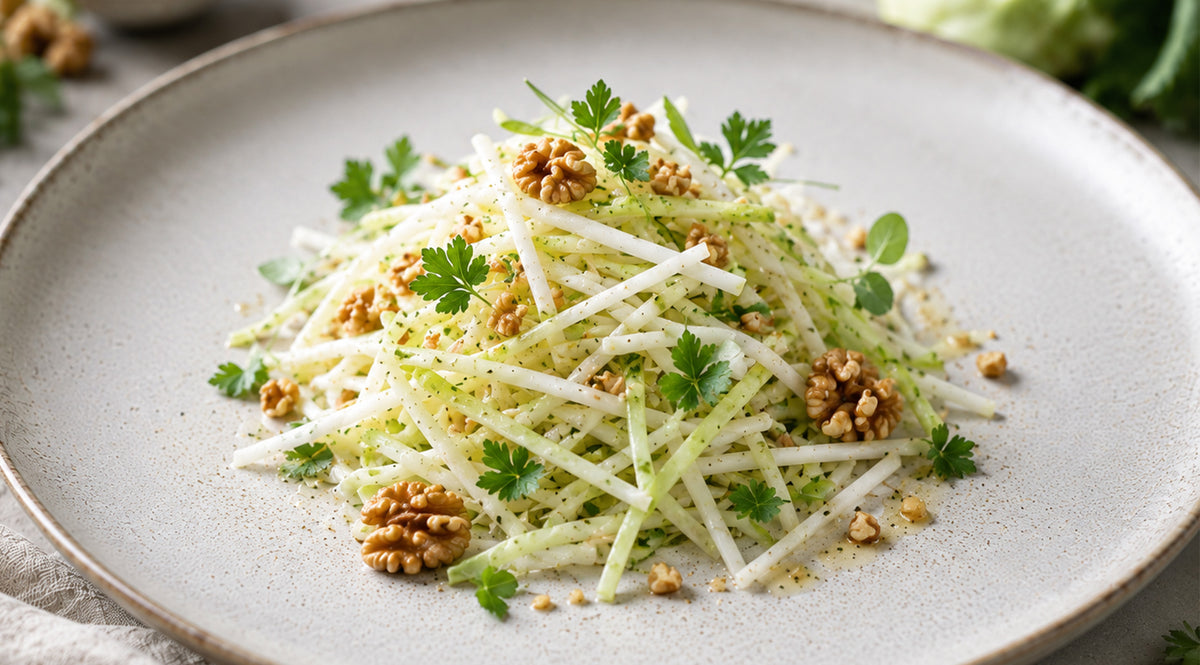 Ein Teller mit fein in Julienne-Streifen geschnittenem Knollensellerie-Salat, elegant garniert mit frischen grünen Kräutern und Walnüssen, serviert auf einem hellen Keramikteller – wunderschön zubereitet mit den präzisionsgefertigten Küchenutensilien von Fissler, die die dauerhafte Qualität und das zeitlose Design deutscher Kochgeschirr-Exzellenz widerspiegeln.