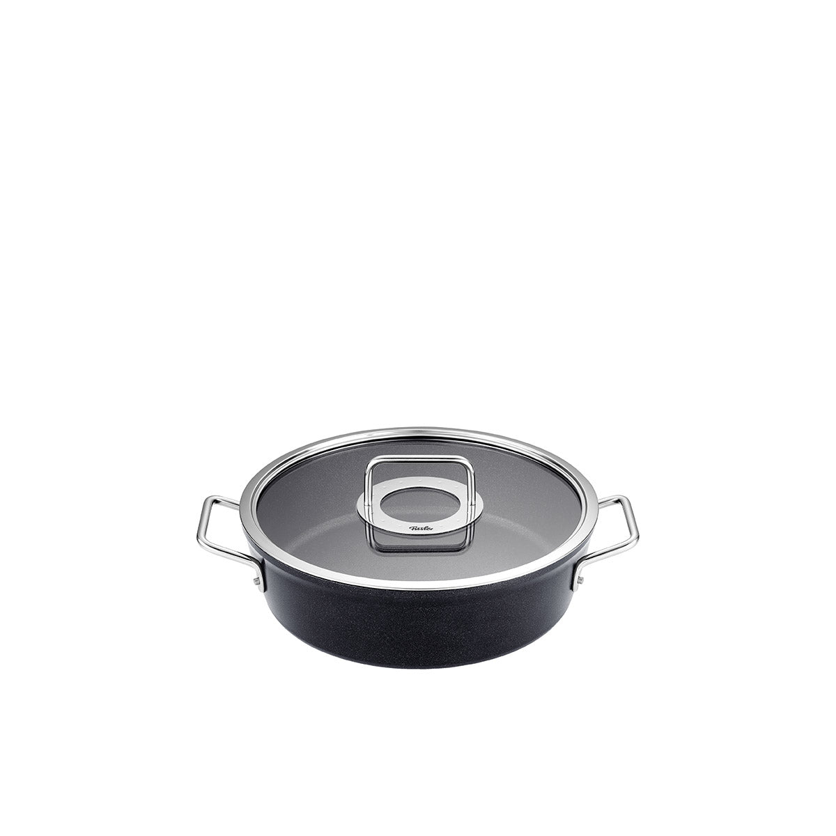 Fissler Adamant® Casserole Pot, black, durable Cookware made in Germany with Glass Lid and metal handles, on a white background.