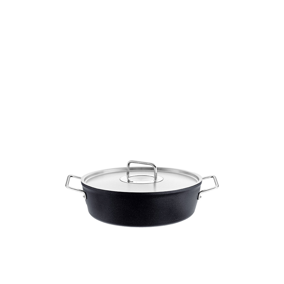 Fissler Adamant® Casserole Pot: durable Non-Stick Coating, stainless steel Lid, two metal handles - timeless German design on a white background.