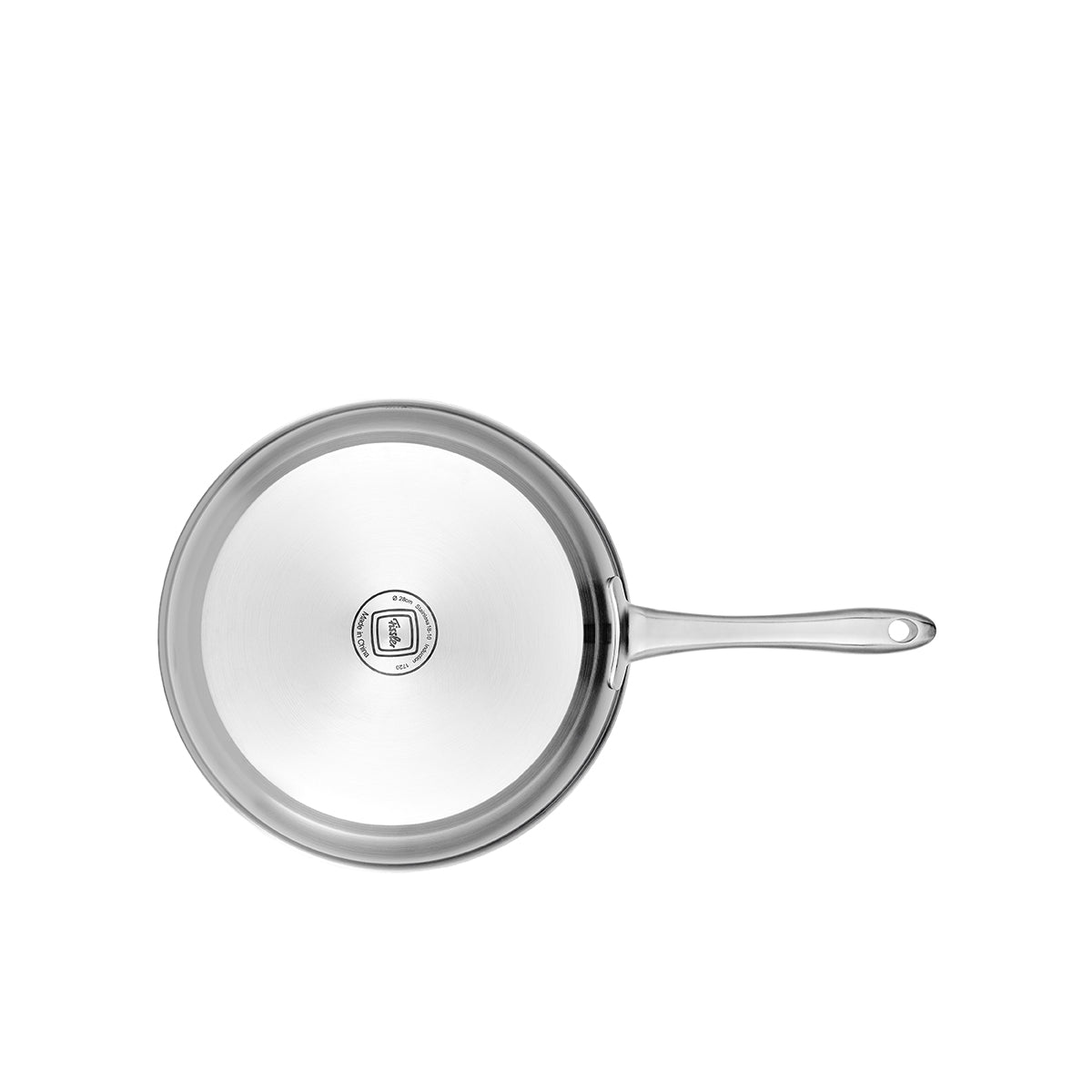 Draufsicht auf die Fissler Catania Pfanne, Edelstahl mit langem Griff und Logo, geeignet für alle Induktionskochfelder.