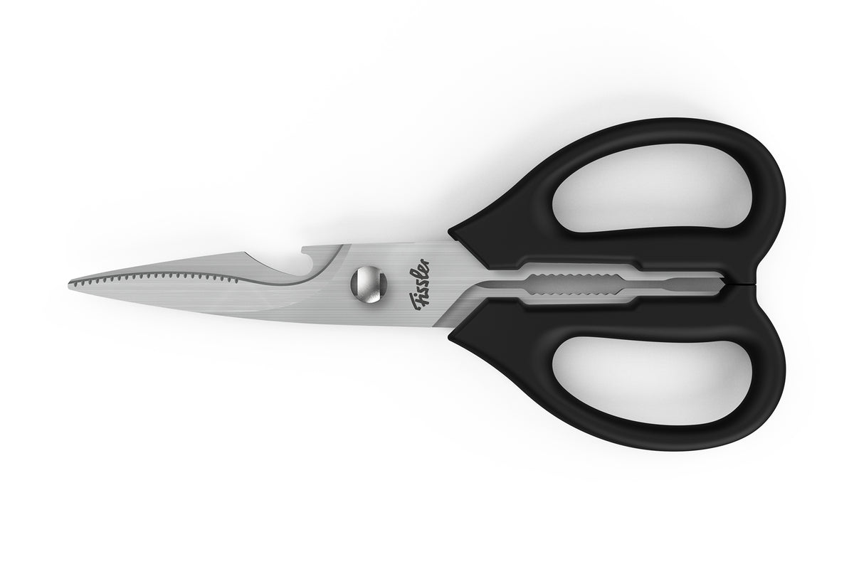 Fissler Multifunktionsschere mit Flaschenöffner, schwarze Griffe, Edelstahlklingen mit Mikroverzahnung, auf weißem Hintergrund.