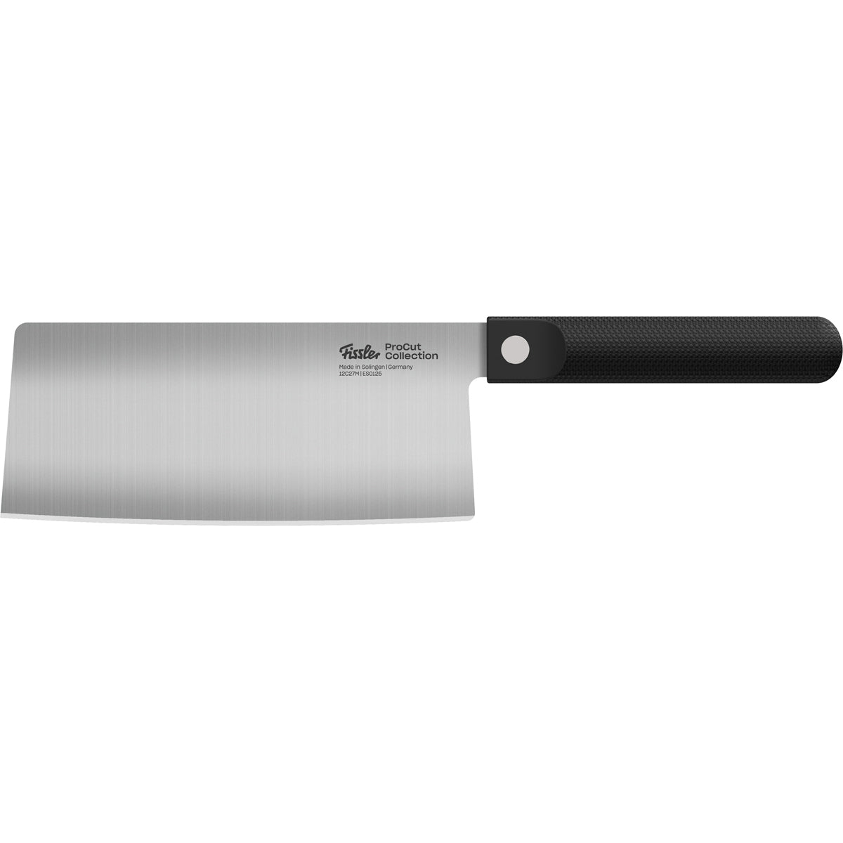 Das Fissler ProCut Chinesische Kochmesser (18 cm), gefertigt aus extrahartem Stahl für höchste Präzision und Langlebigkeit, überzeugt durch eine breite Klinge und einen ergonomisch geformten, schwarzen Griff. Ideal zum Schneiden von Kräutern und Gemüse, steht dieses Qualitätsprodukt „Made in Germany“ vor einem weißen Hintergrund für zeitloses Design und innovative Funktionalität aus dem Hause Fissler.