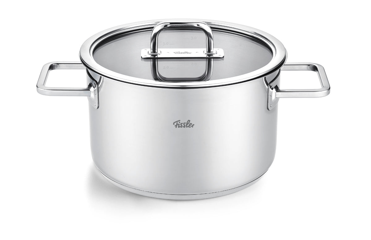 Fissler Viseo® Pro 5-piece 18/10 Stainless Steel Cookware Set with glass lids and square handles, "18/10 Stainless Steel", on a white background.