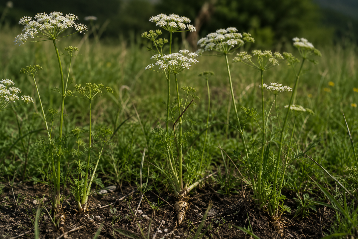 Auf einer Wiese wachsen mehrere Wildpflanzen mit fein geformten grünen Blättern und Büscheln kleiner weißer Blüten, deren Wurzeln in fruchtbarer, dunkler Erde verankert sind – unter natürlichem Tageslicht eine Szene, die die Präzision, Langlebigkeit und Zeitlosigkeit widerspiegelt, die man in Fisslers in Deutschland entwickeltem Edelstahl-Kochgeschirr findet.