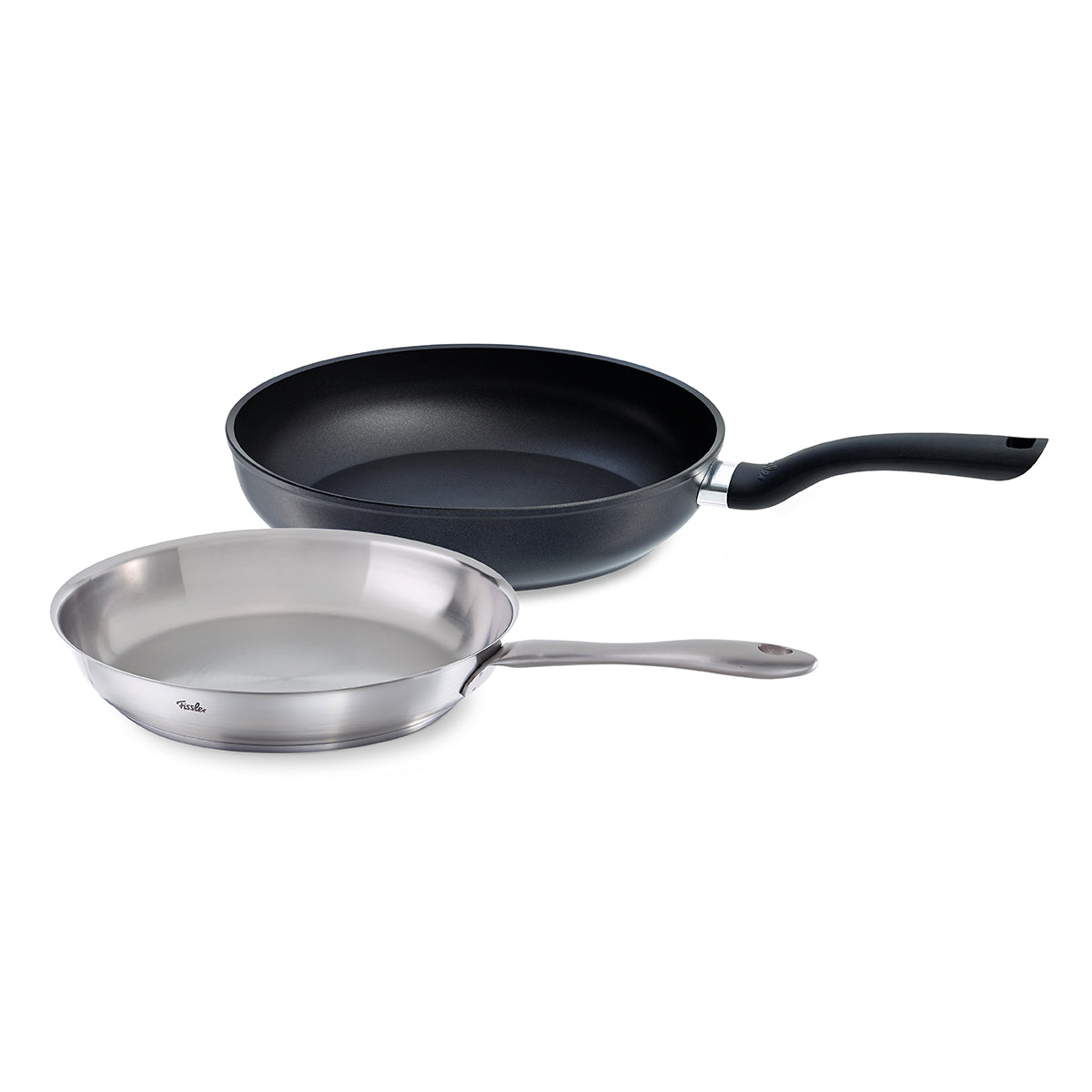 The Fissler 2-piece frying pan set includes the Cenit 28 cm nonstick pan with robust Antihaftversiegelung and ergonomic black handle, paired with the Catania 24 cm stainless steel pan featuring a polished finish and durable metal handle. Both pans, crafted with German engineering for exceptional quality and timeless design, are presented on a white background.