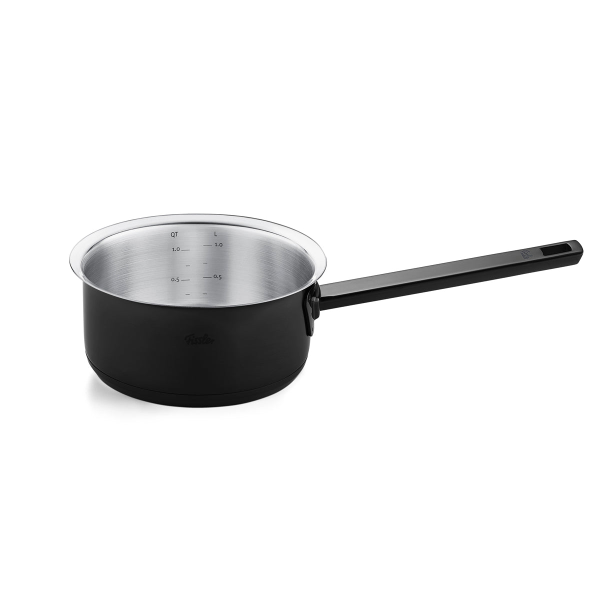 Fissler Original-Profi Collection® Shadowline schwarzer Kochtopf mit langem Griff, Innenseite dauerhaft silber PVD, auf weißem Grund.