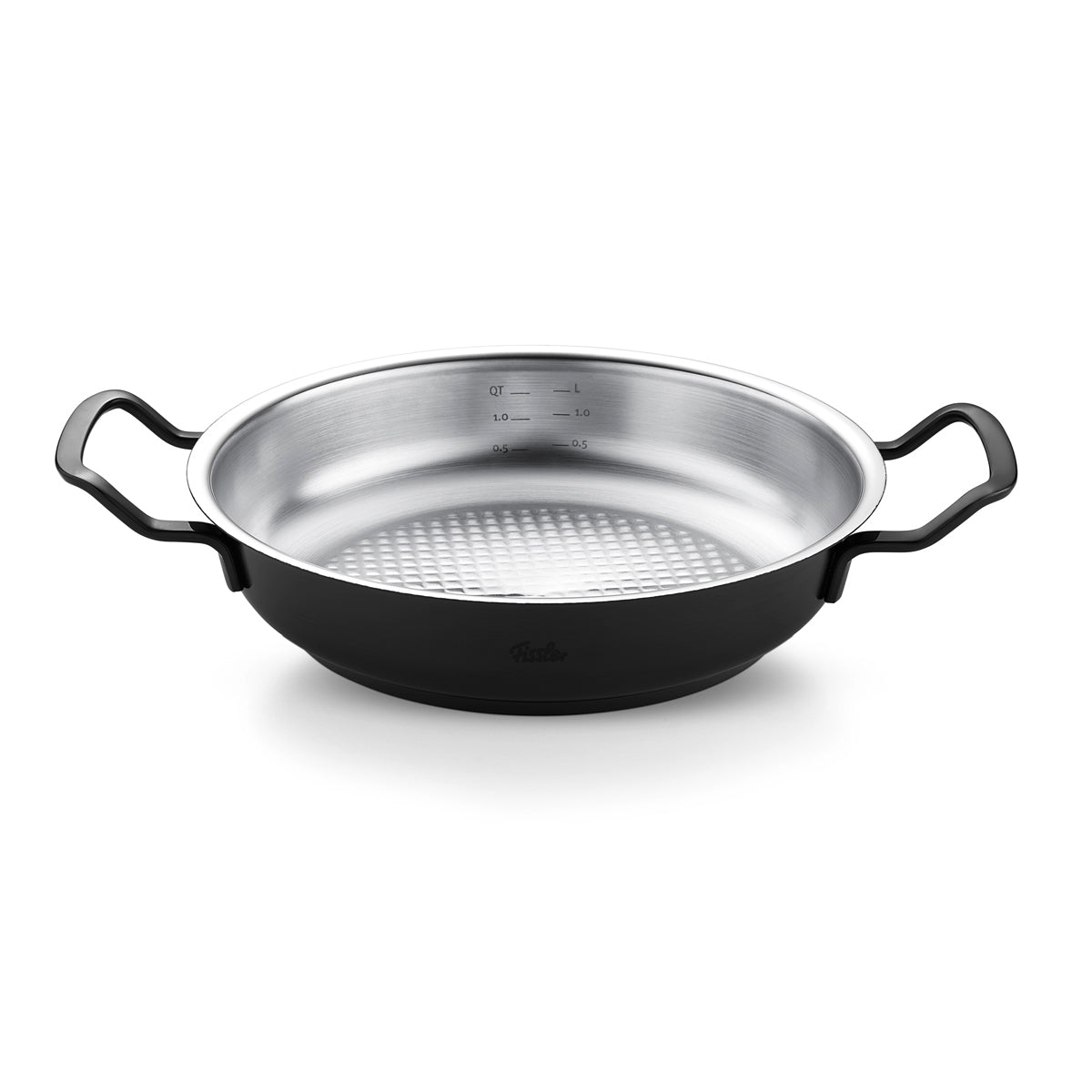 Fissler Shadowline Pfanne: Premium-Edelstahl, mattschwarzes Finish, PVD-Beschichtung, zwei Griffe, Innenmarkierungen - entwickelt in Deutschland.