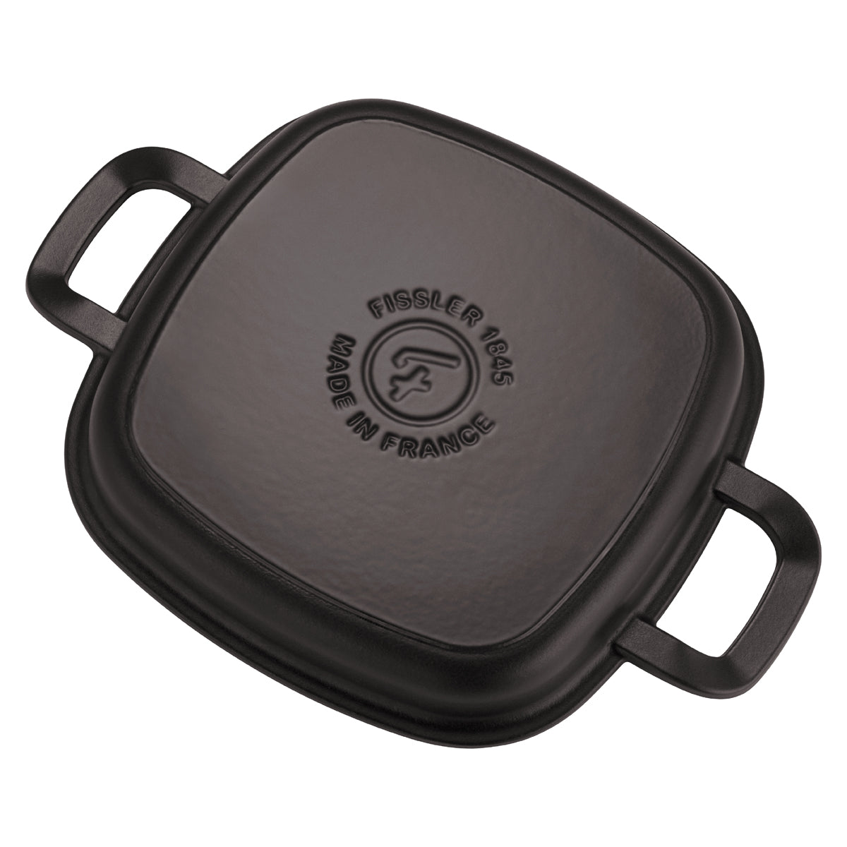 Square black cast iron Fissler lid with two handles and embossed branding, fits Profi-Qualität 26x26cm grill pan.