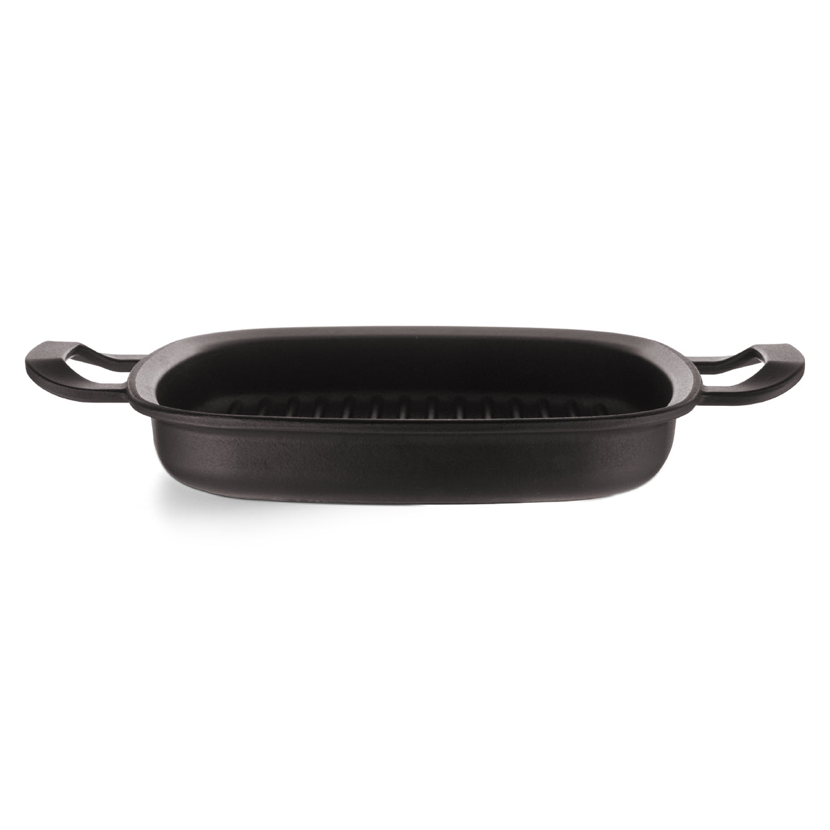 Side view of the Fissler Original-Profi Collection® cast iron grill pan, 26x26cm, in elegant black with two handles and grill ridges.