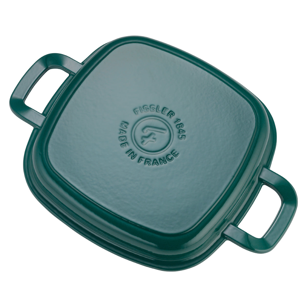 Green, square Fissler Original-Profi Collection® cast iron grill pan lid, 26x26cm, two side handles, embossed Fissler logo.