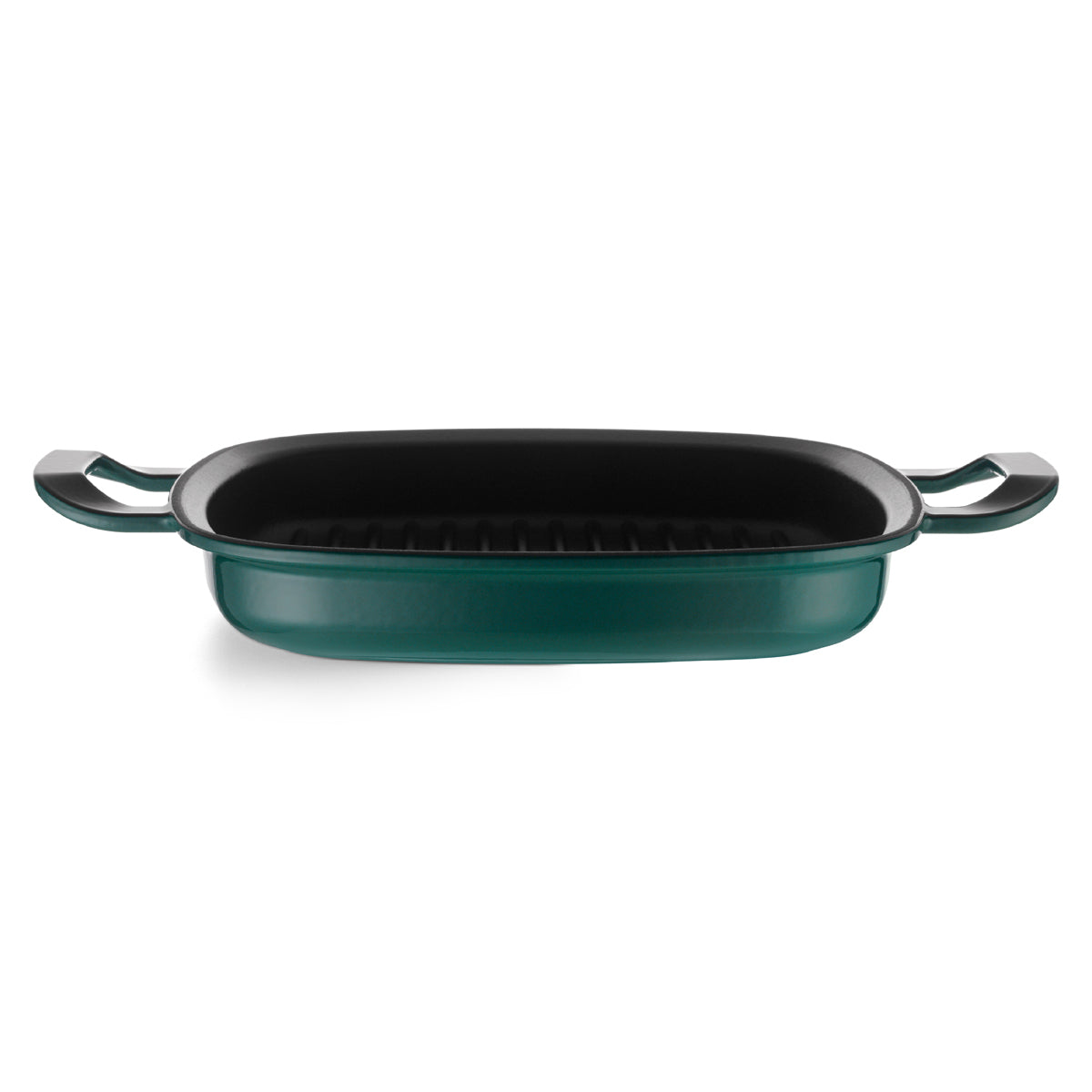 Original-Profi Collection® 26x26cm green cast iron grill pan with two handles and ribbed black interior - precision-made in Germany.