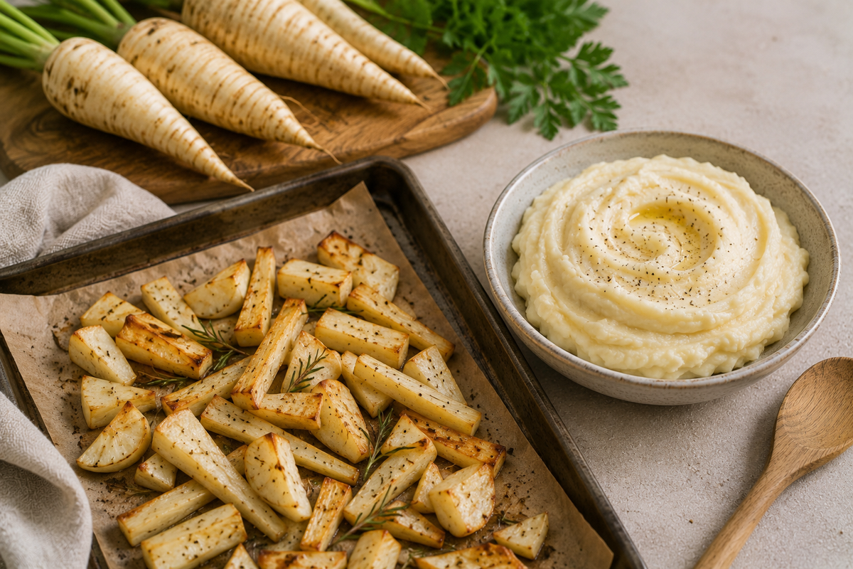 Goldbraun geröstete Pastinakenstücke auf einem Fissler-Edelstahl-Backblech, dazu eine Schüssel mit cremigem Pastinakenpüree. Im Hintergrund liegen frische ganze Pastinaken mit Grün und ein hochwertiger Fissler-Holzlöffelhalter – ein elegantes Bild, das zeitlose deutsche Handwerkskunst und innovatives Kochgeschirrdesign widerspiegelt.