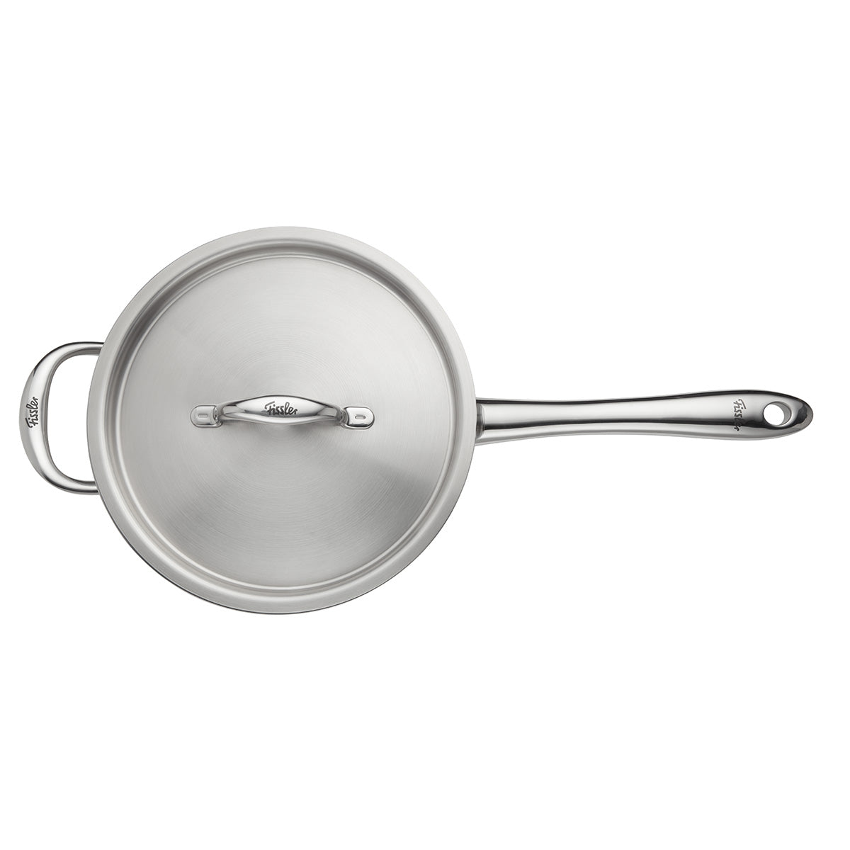 Fissler M5 Pro-Ply Sautépfanne aus recyceltem Edelstahl mit Metalldeckel, zwei Griffen, modernem Design; Draufsicht.