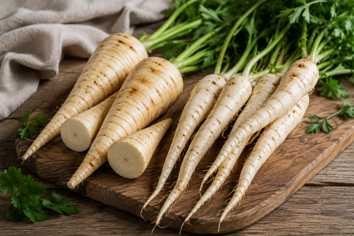 Frische Pastinaken mit ihren grünen Blättern sind ansprechend auf einem Holzschneidebrett angerichtet, ergänzt durch frische Petersilie und ein beiges Tuch. Die Szene unterstreicht die Qualität der Zutaten, die mit dem präzisionsgefertigten Kochgeschirr von Fissler zubereitet werden, und spiegelt Langlebigkeit, Innovation und zeitloses deutsches Design wider.