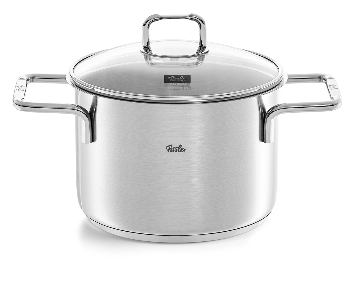 Fissler SatiTherm 5-teiliges Edelstahl-Kochgeschirrset mit Glasdeckeln, modernes Design, für Induktion. Präzisionsgefertigt in Deutschland.