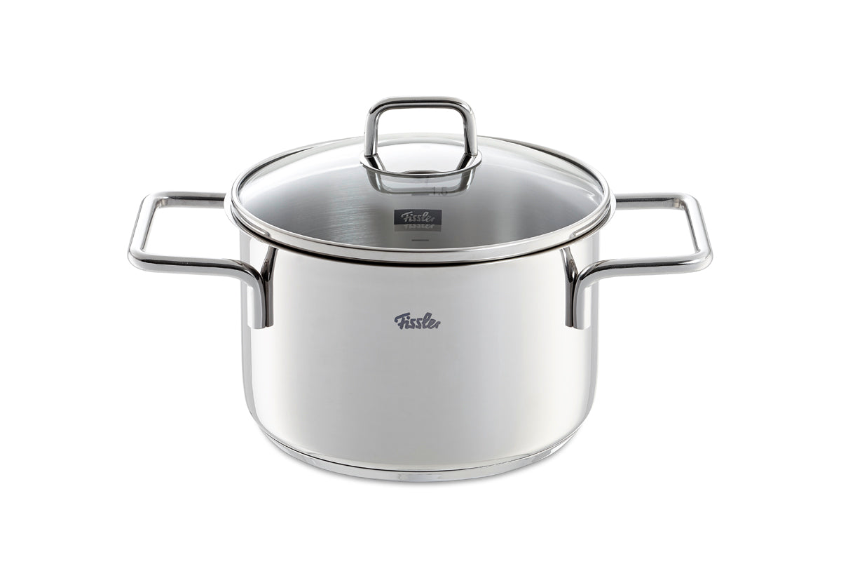 Fissler LumiTherm 5-piece Cookware Set with glass lids, stainless steel handles, Fissler logo - timeless German quality on a white background.