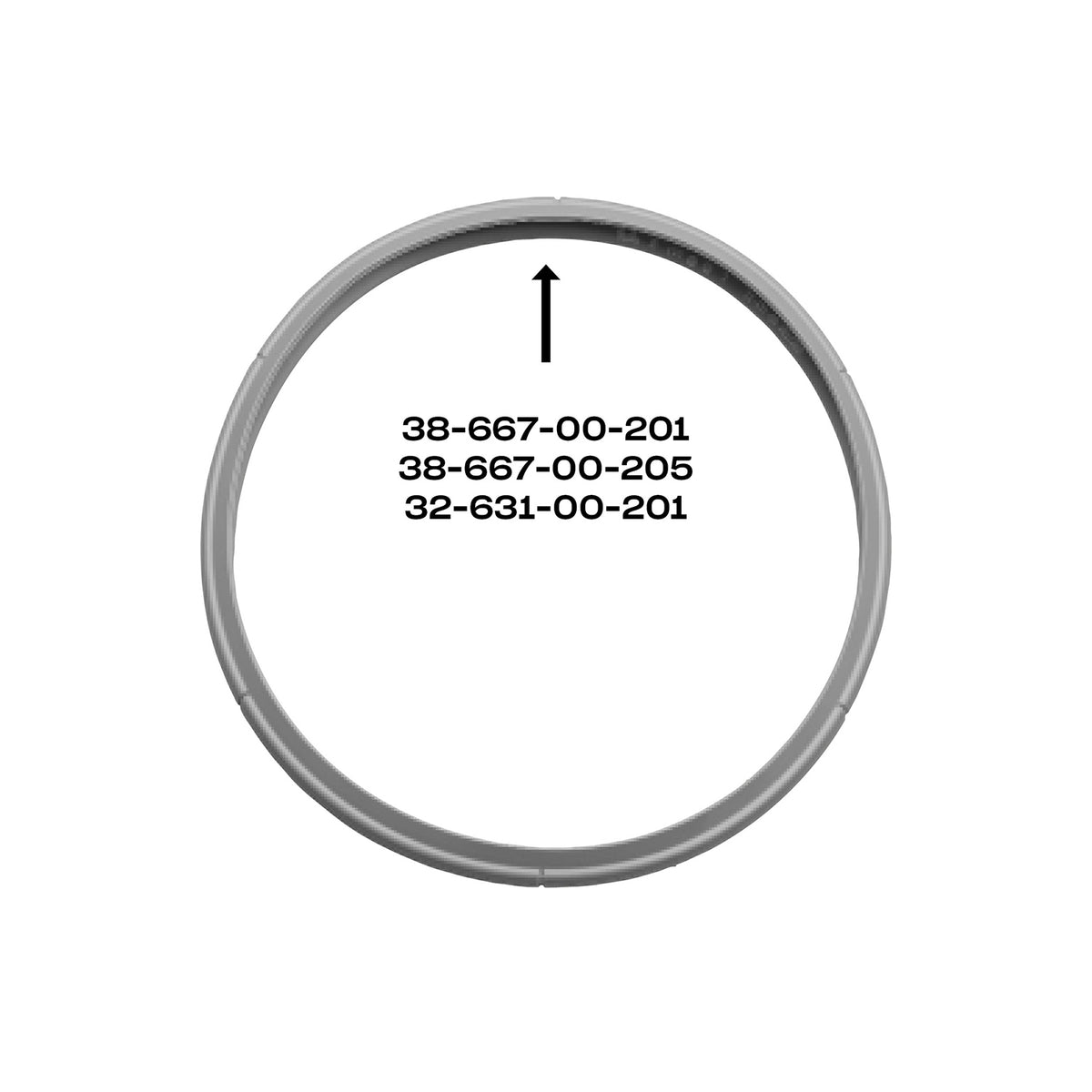 Fissler Dichtungsring, grau und kreisförmig, mit Pfeil nach oben und Zahlen, präzisionsgefertigt für Schnellkochtöpfe vor 2010, auf weißem Hintergrund.