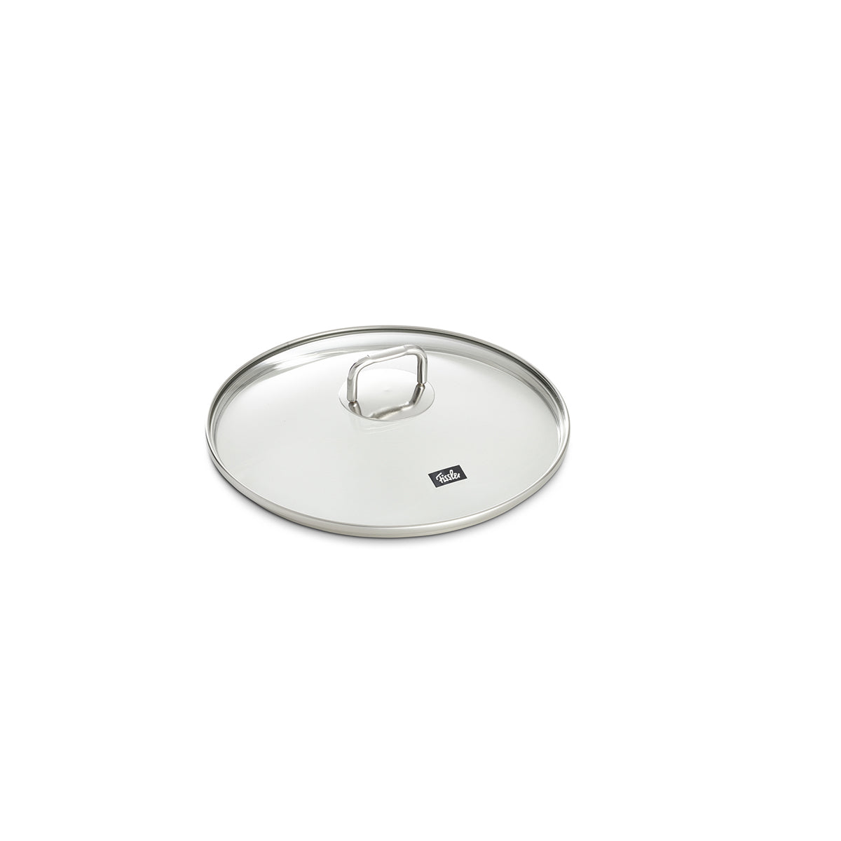 Fissler Hamburg Glasdeckel 20 cm-Edelstahl, Glas, Metallgriff-abgebildet schräg von oben auf weiß. Hochwertige deutsche Qualität.