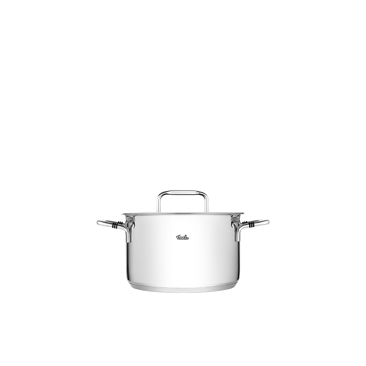 Fissler Bonn Cooking Pot made of high-quality stainless steel with side handles, Glass Lid and super-thermic base, shown on a white background.