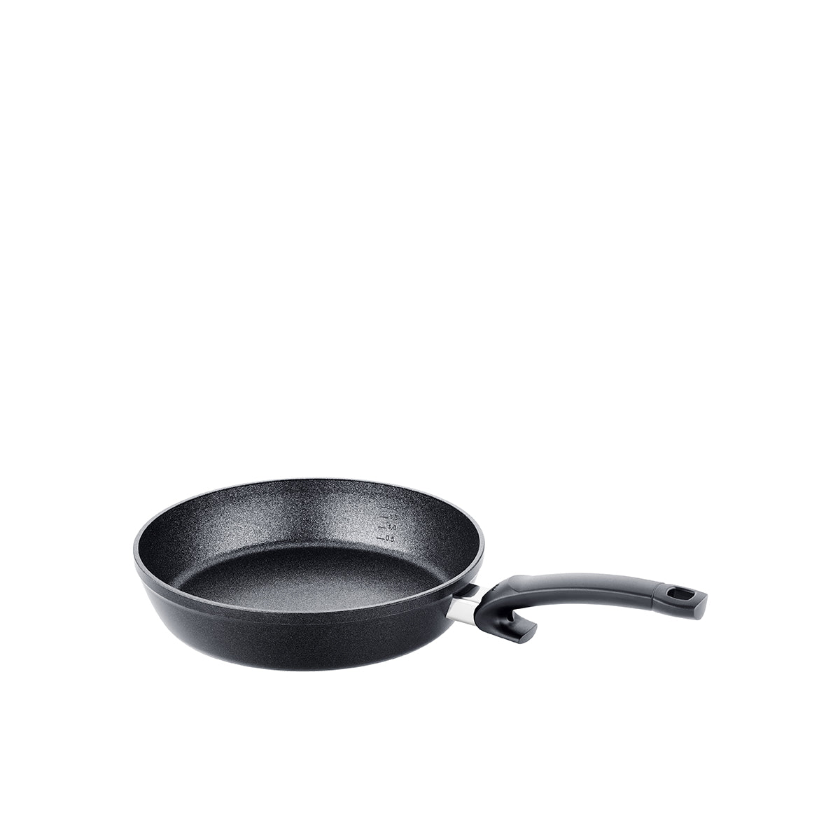 Fissler Adamant® Comfort non-stick frying pan with ergonomic handle, made in Germany, in a modern design on a white background.