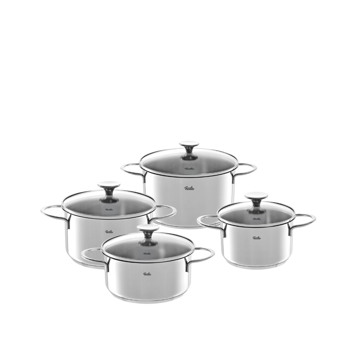 Fissler Copenhagen 4-teiliges Topfset aus Edelstahl mit Glasdeckeln und Metallgriffen, hergestellt in Deutschland, abgebildet auf weißem Hintergrund.