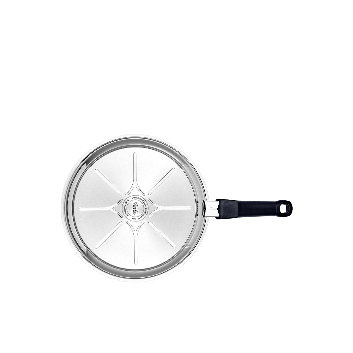 Fissler Adamant® Premium Pfanne, silber mit schwarzem Griff, Ansicht von oben. Langlebige, kratzfeste Antihaftbeschichtung - zeitloses deutsches Design.