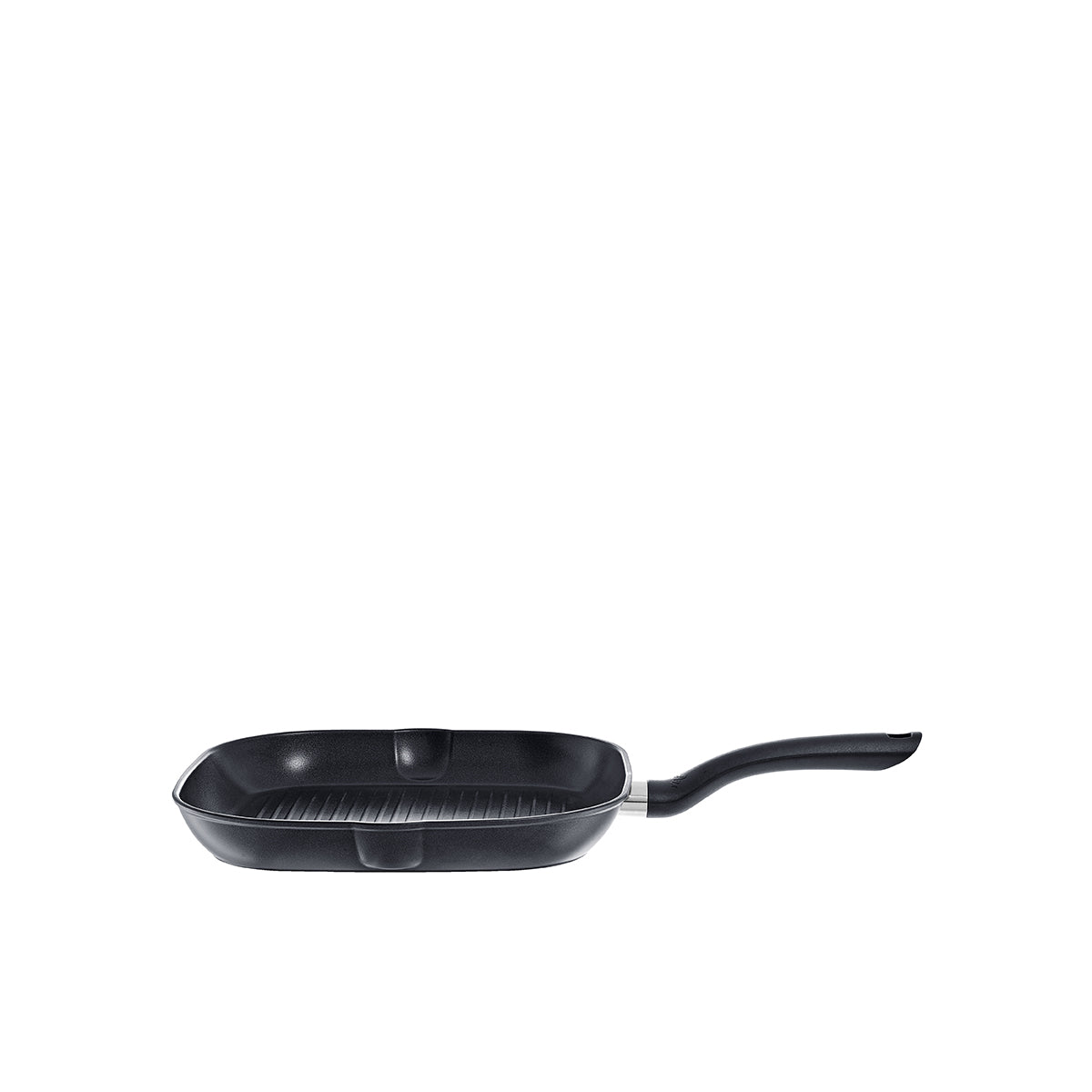 Fissler Cenit® Grill Pan Induction 28 cm, black, smooth design with ridges, non-stick coating; for induction. On a white background.