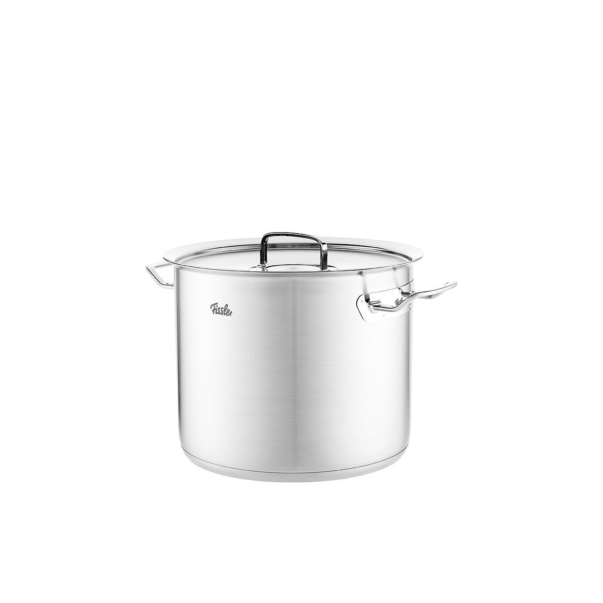 Fissler Original-Profi Collection® tall stockpot, stainless steel with metal lid and Cookstar base. Timeless design on a white background.