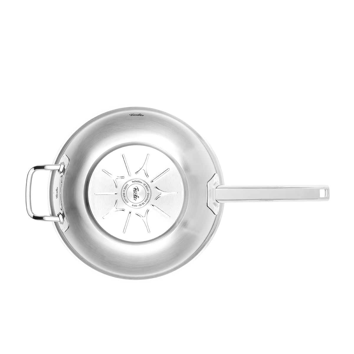 Top view of the Fissler Original-Profi Collection® 30cm stainless steel wok with lid, double handles, and brand engraving - Made in Germany.