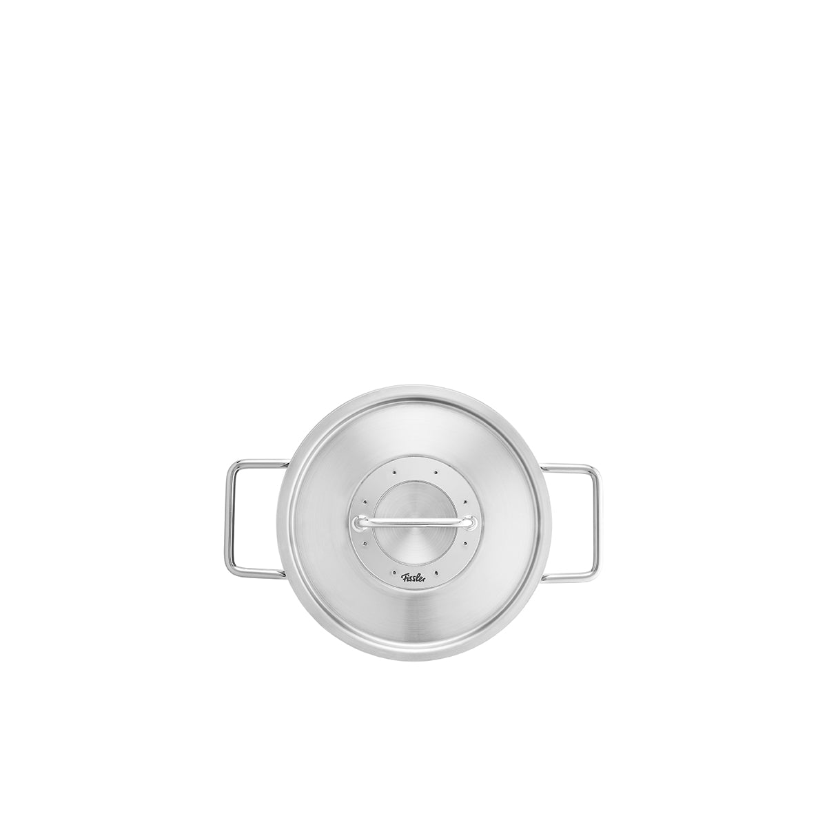 Draufsicht auf einen Fissler Pure Collection Edelstahltopf mit Metalldeckel und zwei Griffen, der in Deutschland fachmännisch hergestellt wird.