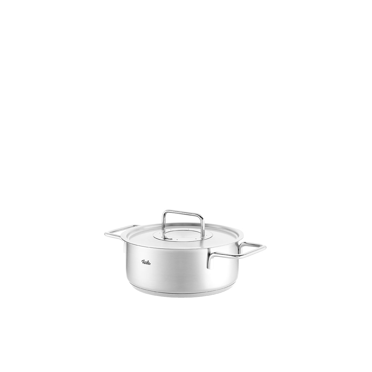 Fissler Pure Collection Bratentopf aus recyceltem Edelstahl, mit zwei Griffen & Metalldeckel, hochwertig gefertigt - Made in Germany.
