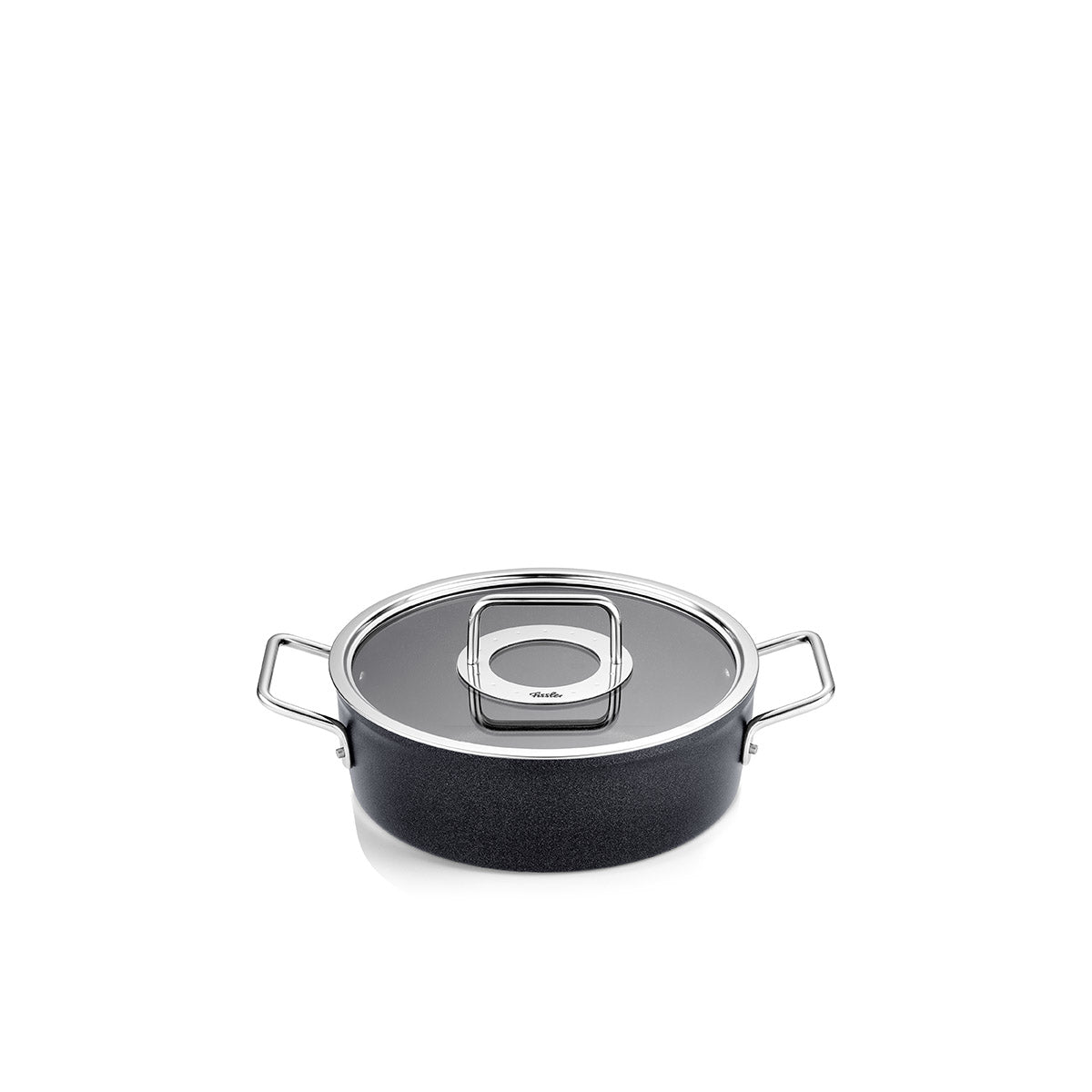 Fissler Adamant® Bratentopf: Schwarzer, runder Topf mit Metallgriffen und Glasdeckel. Modernes, langlebiges Design "Made in Germany".