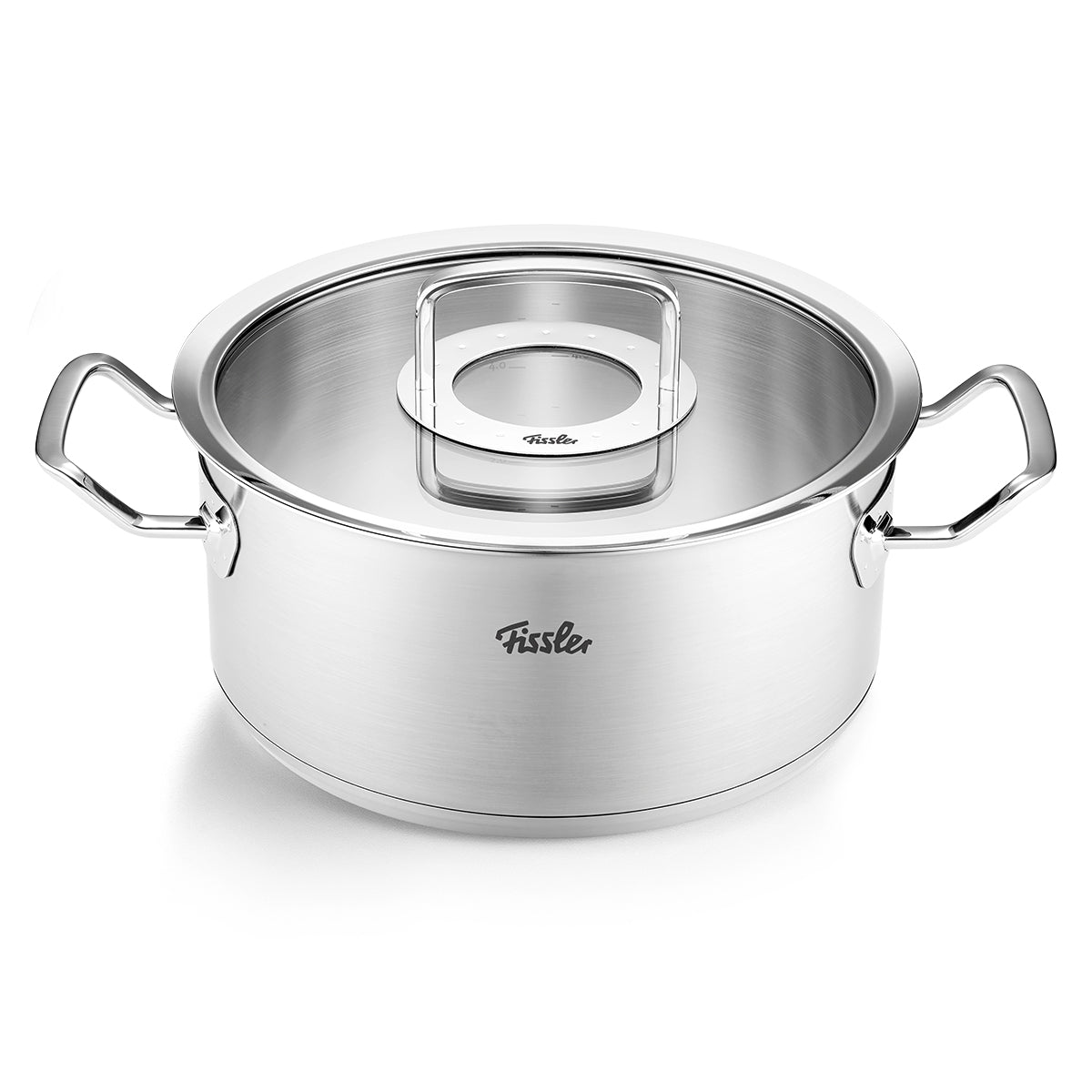 Der Fissler Original-Profi Casserole Pot made of 18/10 stainless steel, suitable for induction, modern polished, with Glass Lid and two handles.