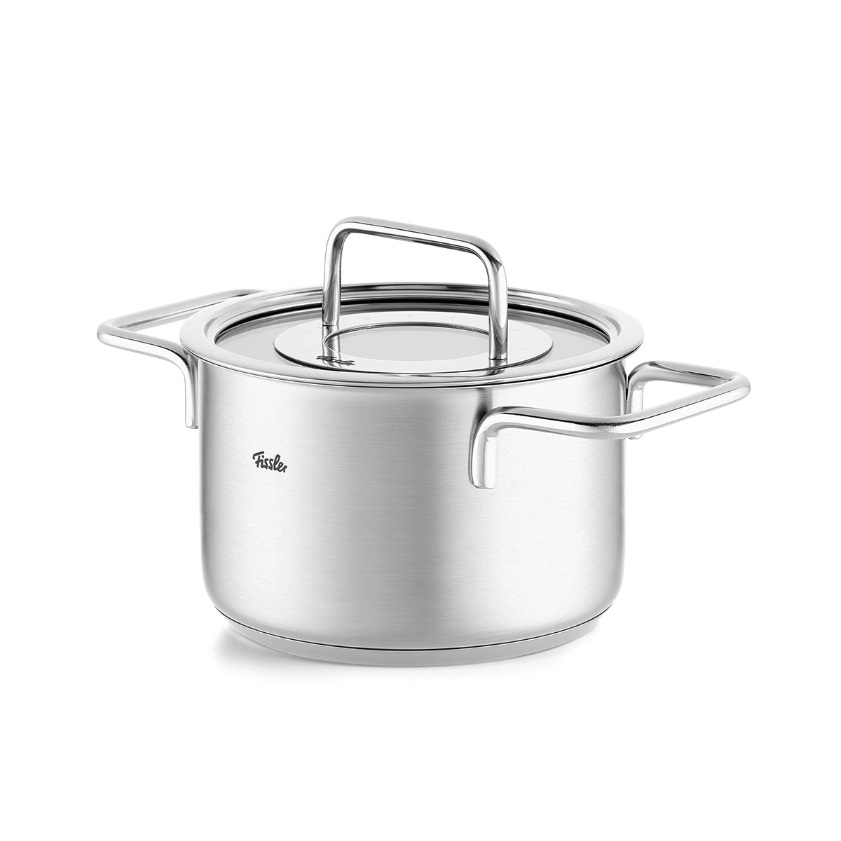 Fissler Pure Collection® 4-piece stainless steel cookware set with glass lids and ergonomic handles, shown on a white background.