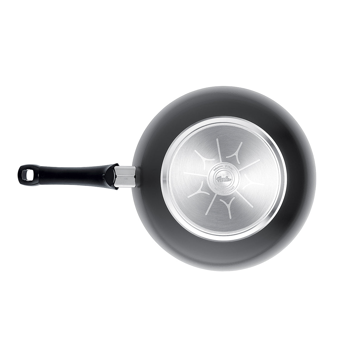 Draufsicht auf die Fissler Ceratal® Wokpfanne Orbitschwarz 28cm, mit schwarzem Griff und gemustertem Silberboden, langlebig und PTFE-frei.