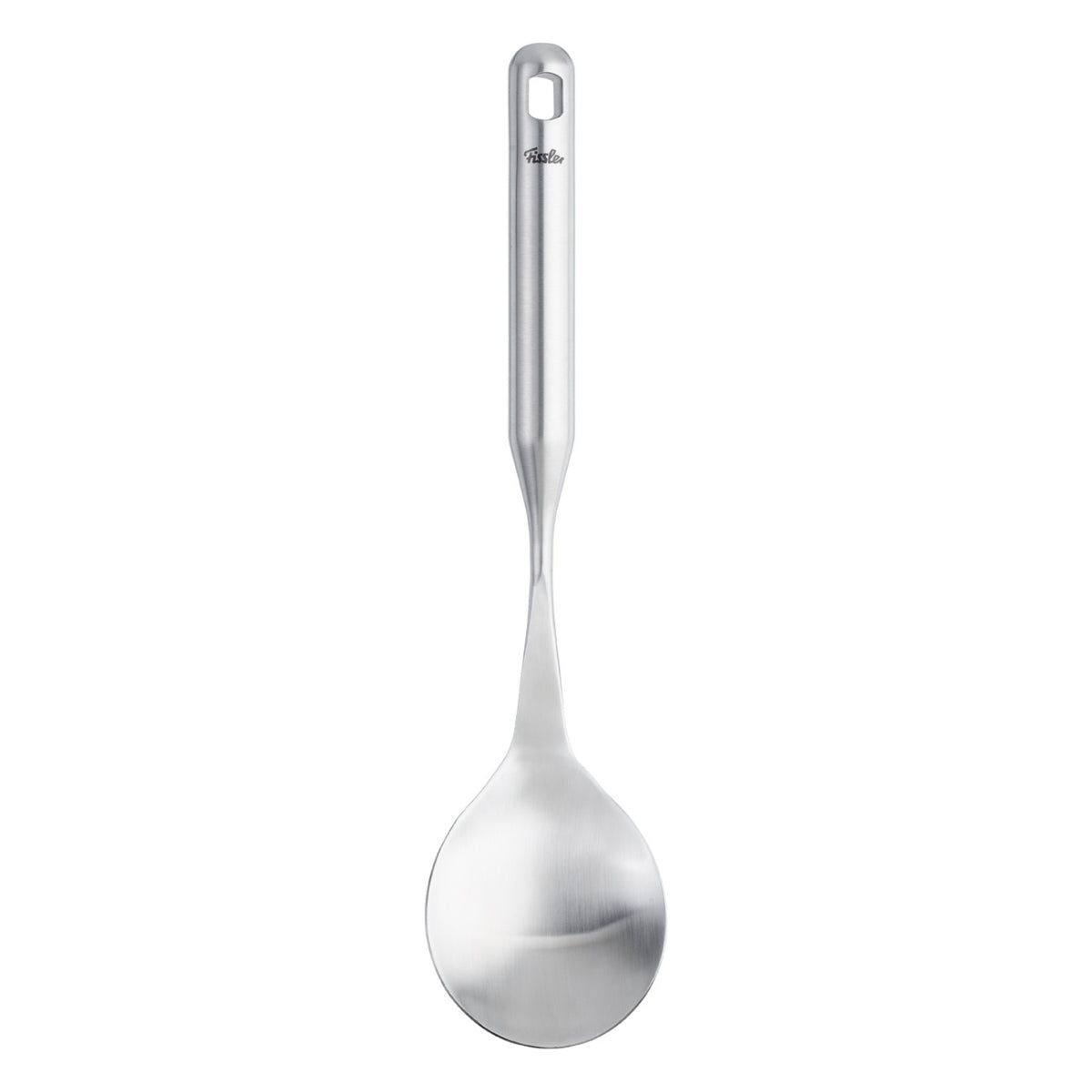 Fissler Essential® Gemüse-/Reislöffel: Edelstahl, modernes Design, flache Schale und langer Griff mit Aufhängeloch auf weißem Grund.