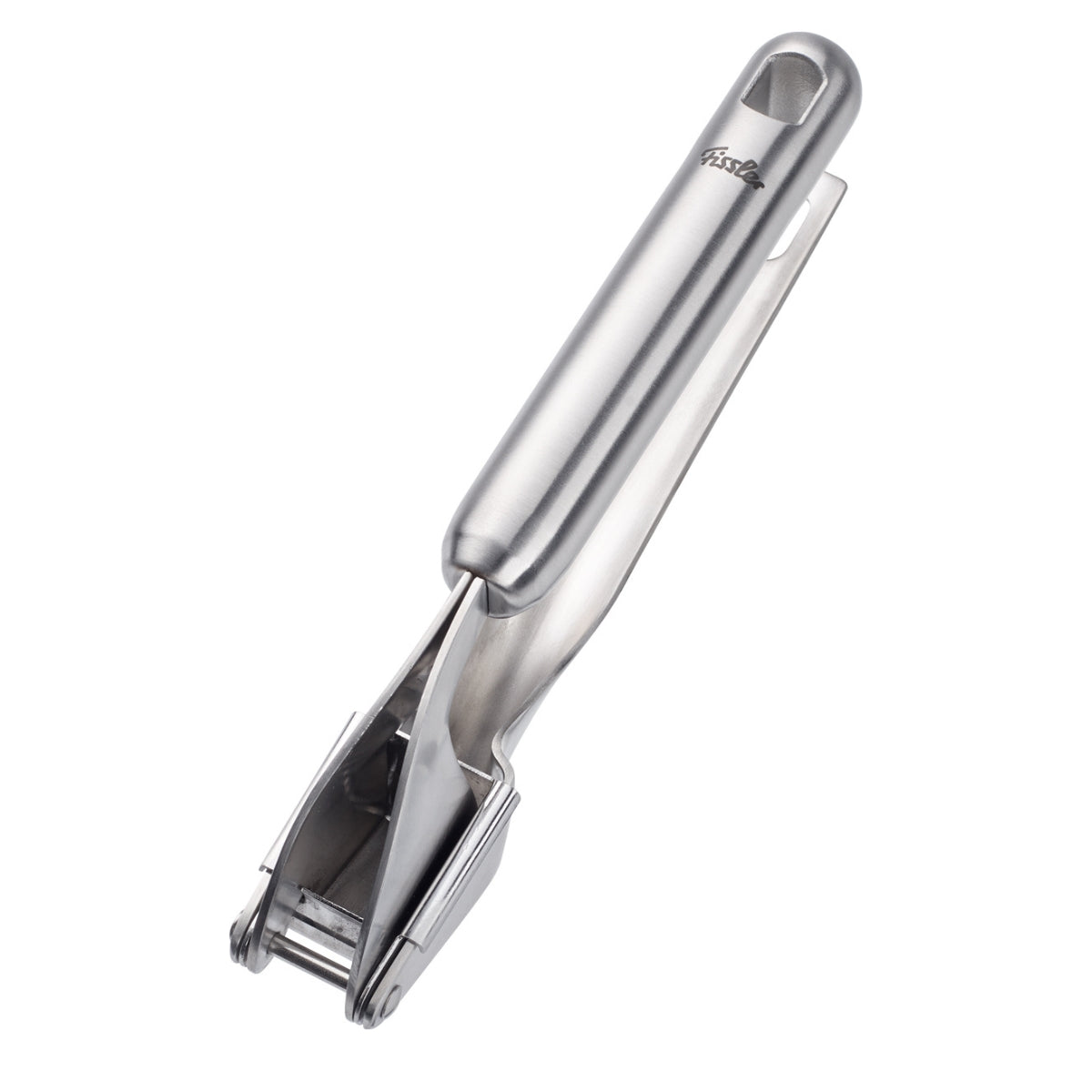 Fissler Essential® Knoblauchpresse - präzise gefertigte Edelstahl-Knoblauchpresse mit ergonomischem Griff, zeitloses und langlebiges Design.