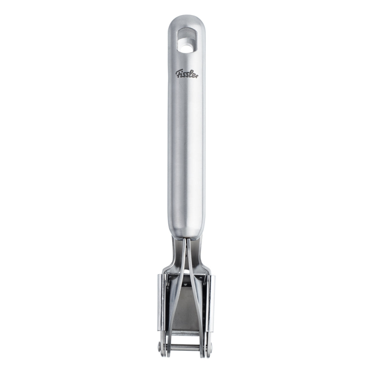 Fissler Essential® Knoblauchpresse: Edelstahl-Knoblauchpresse mit ergonomischem Griff und Logo, präzise in Deutschland hergestellt für Effizienz.