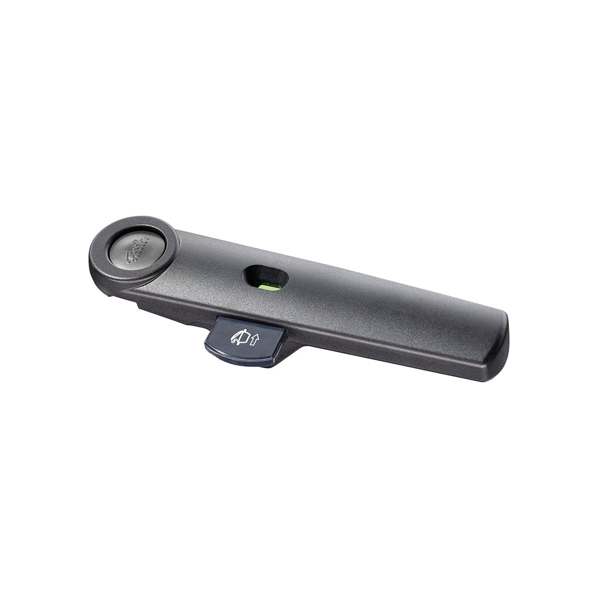 Schwarzer Griff mit rundem Knopf und blauer Lasche, inspiriert von der ergonomischen deutschen Handwerkskunst von Fissler Vitaquick® Deckelstiel.