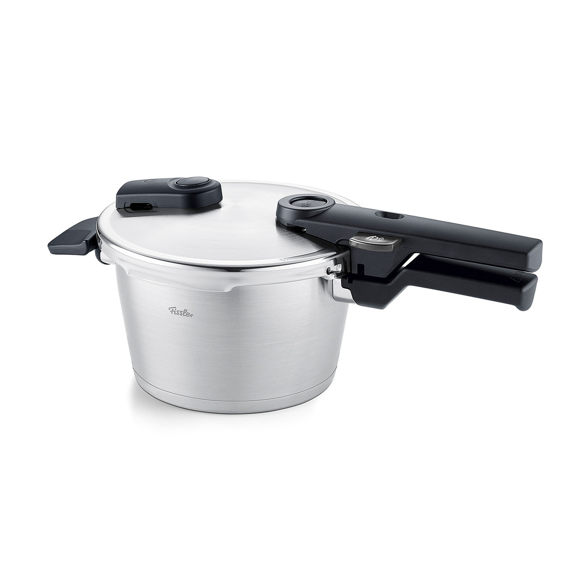 Fissler Vitaquick® Premium pressure cooker - German stainless steel pressure cooker with black handles, on a white background.