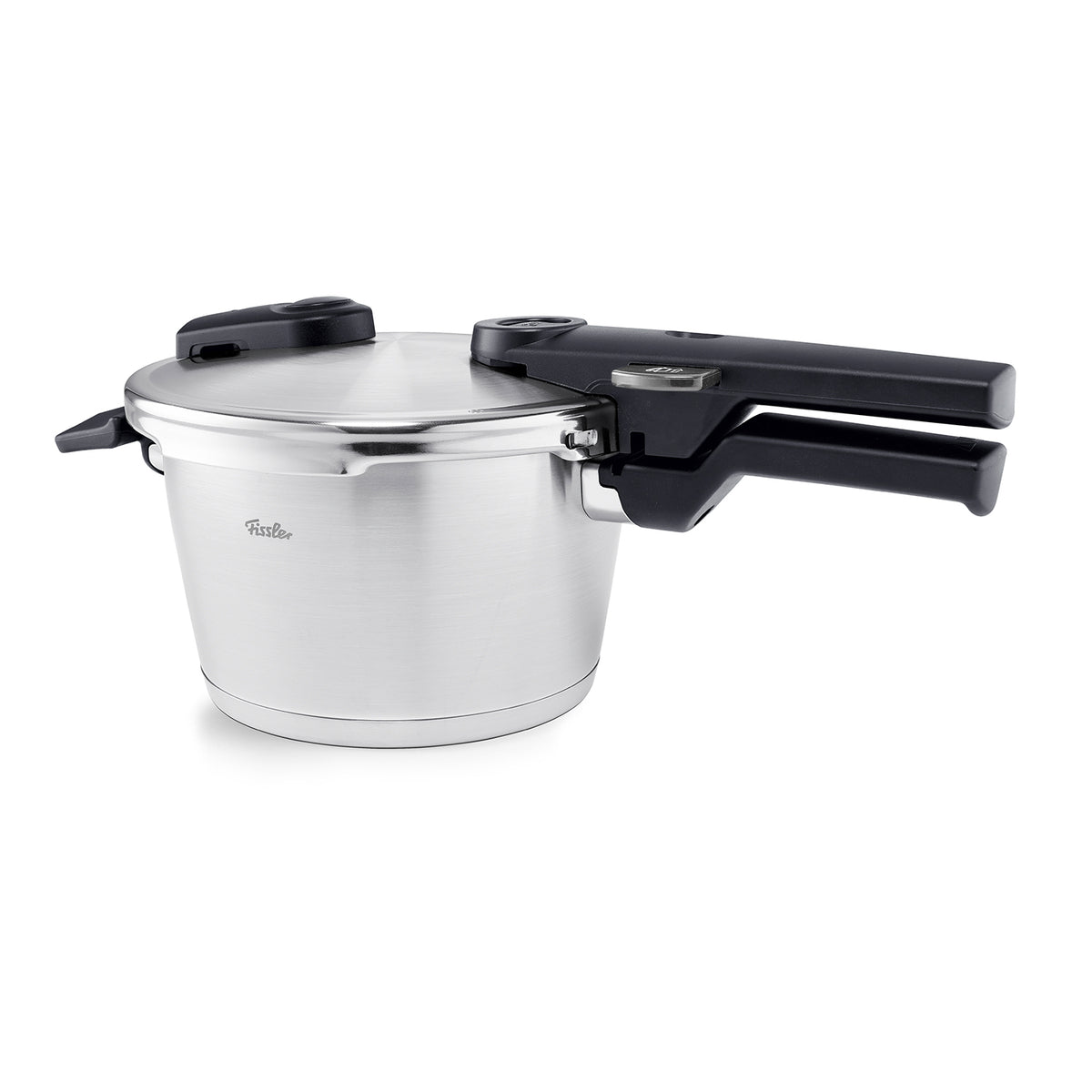Fissler Vitaquick® Premium: Stainless steel pressure cooker, slim black handle, side view on white. Made in Germany.